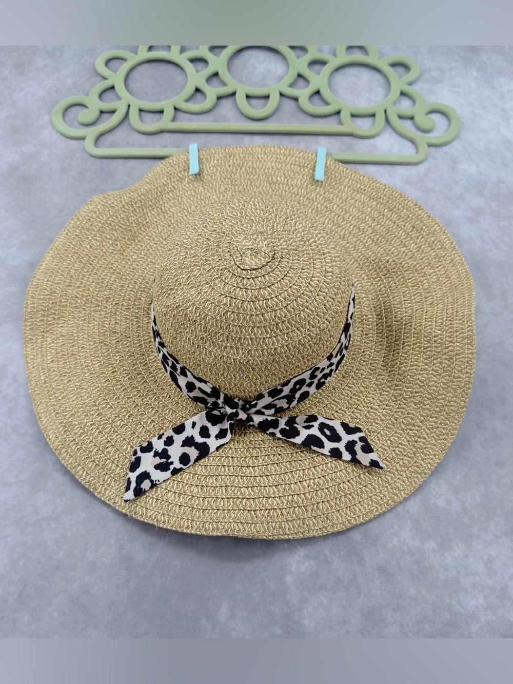 Straw Wide-Brim Sun Hat with Black & White Leopard Scarf women’s